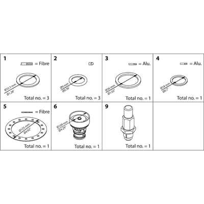 Oversigt over reservedele til Danfoss ICS 65 hus: fiber pakning Ø32.5mm (3 stk), pakning Ø9mm (3 stk), aluminiumsring Ø26mm (1 stk) og Ø18mm (1 stk), stor fiber pakning Ø125mm (1 stk), husdel med ventiler (1 stk) og spindel (1 stk).