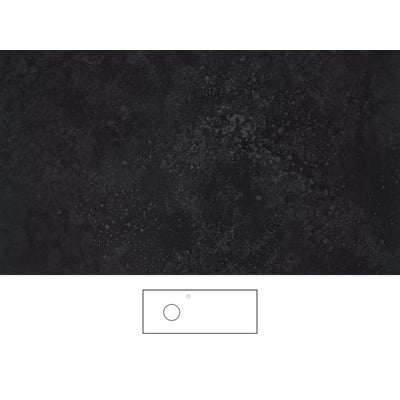 Svedbergs mørke grafitbordplade på 121 x 46 cm vises med sin overflade og en skitse af udskæring og armaturhul.