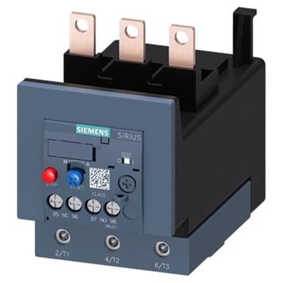 Siemens Sirius 3RU termorelæ til 45-63A indstillingsområde, set fra siden med synlige terminaler og betjeningsknapper.