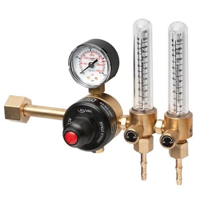 Aga Ryval Argon regulator med to flowmetre og et trykmåler, fremstillet af messing og sort plastik.