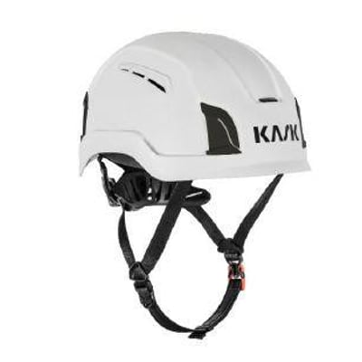 Hvid Kask Zenith X Max Air sikkerhedshjelm med ventilationsåbninger, sort hagerem og justerbare stropper.