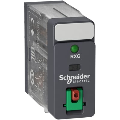 Schneider Electric stikbensrelæ RXG22E7 med 2 C/O kontakter, 5A, 48 VAC, testknap og grøn LED på mørkegrå front.