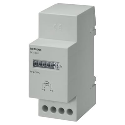 Siemens mekanisk impulstæller 7KT5 801 til 10-24V DC med 6-cifret display, CE-mærke og monteringsskruer. Hvid plast.