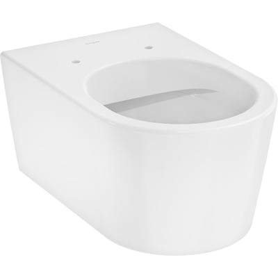 Hansgrohe EluPura S væghængt toilet uden skyllerand, vist forfra med fokus på den glatte porcelænsoverflade og monteringshuller.