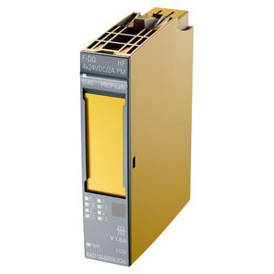 Siemens Siplus ET 200SP elektronikmodul, gul med grå frontplade med tydelige mærkninger for funktioner og statusindikatorer.