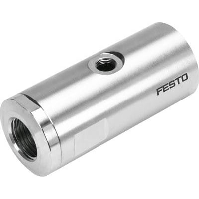 Festo slangeventil VZQA-C-M22U-6-GG-V4V4S1-4, en cylinderformet metalventil med gevind i begge ender og en sideport.