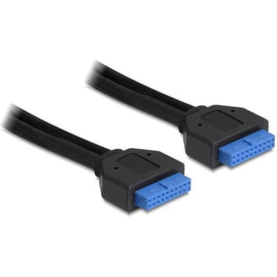 DeLOCKs sorte interne USB 3.0-kabel på 0,45 meter med blå 20-pin hunstik i begge ender, vist skråt.