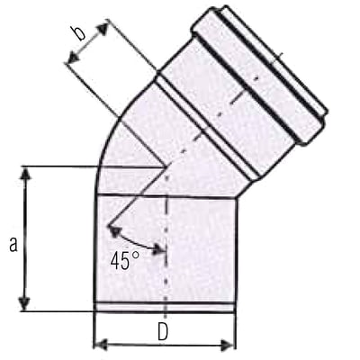 Skematisk tegning af ACO 110 mm 45° afløbsbøjning, der viser dimensioner som højde (a), bredde (b) og diameter (D).