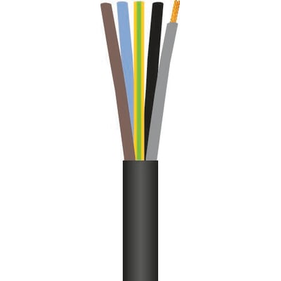 Gummikabel 5G16 mm² H07RN-F i sort med fem farvede ledere: brun, blå, gul/grøn, sort og grå, på hvid baggrund.