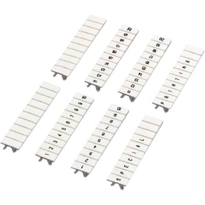 Schneider Electric mærker 21-30 TRA i sortiment til 2,5mm2 klemmer, viste 10 stk. mærkningsstrips med numre.