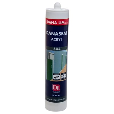 Hvid patron med Dana Lim Acrylfugemasse 504, 300 ml, til fugning og overmaling.