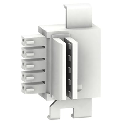 Schneider Electric koblingsstik til interface modul, vist i hvid plast med fem stik på den ene side og en indre række med kontakter.
