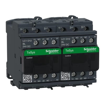 Schneider Electric TeSys D kontaktor set fra siden, viser 3-polede terminaler og mærkat med tekniske specifikationer for 12A/24V DC.