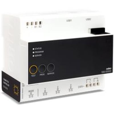 Niko Home Control II controller 550-00003 i hvid plast med et sort frontpanel med knapper og indikatorlys, set fra siden og let skråt.