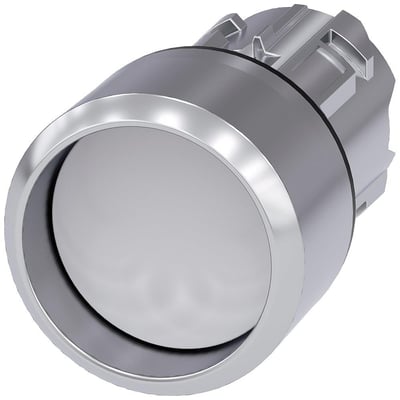 Siemens 22mm trykknap i metal med højglans og hvid frontring, SIRIUS ACT serien, kortvarig kontakt.