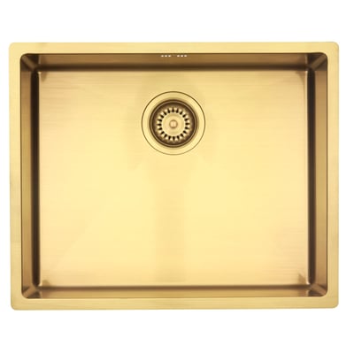 Lavabo Kubus 500 Soft køkkenvask i guld, set ovenfra med firkantet kumme og kurveventil.