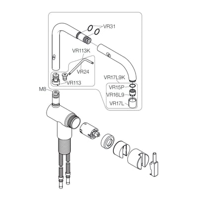 Eksploderet tegning af Vola KV1 servicesæt, der viser alle komponenter og delenumre til armaturer fra 1997-2012.