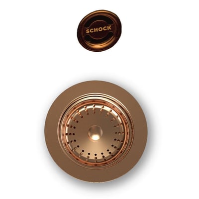 Intra afløbsdele til afløbssæt i kobber PVD finish med synlig rist og overløbsfunktion samt Schock logo.