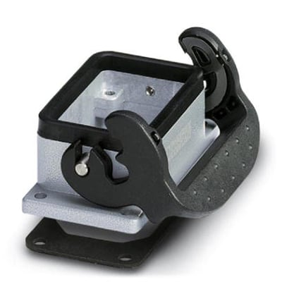 Detalje af Phoenix Contact indbygningshus HC STA B06, viser den sorte låsemekanisme og brandlogo tydeligt.