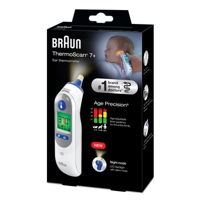 Emballagen til Braun Thermoscan 7+ øretermometer, der viser billeder af en baby og grafisk information om aldersjustering.