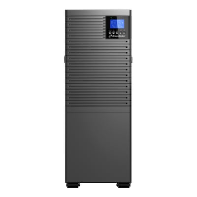 PowerWalker VFI 10000 ICT IoT UPS på hjul med mørkegråt, rillet kabinet og display; effekt på 10000 VA/10000 W.