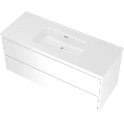 Sanibell Proline møbelsæt i hvid højglans, 121x46cm, med integreret håndvask og to softclose skuffer.