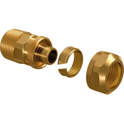 Uponor Ecoflex kompressionskobling i messing, 20 x 2,8 mm med 3/4" nippel, vist adskilt med omløber og ring.