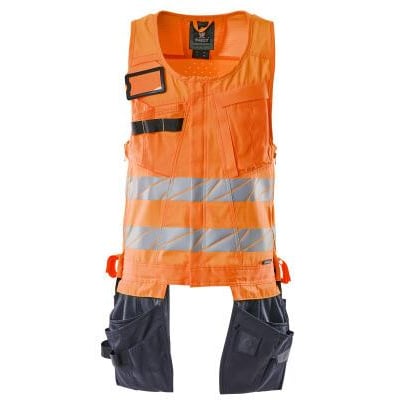 Mascot Hi-Vis værktøjsvest i orange/mørk marine med mange lommer og refleksstriber, størrelse S, præsenteret forfra.
