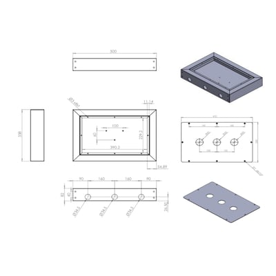Teknisk tegning af Grohe The box installationsboks til 3-hullers armaturer i rustfrit stål med alle mål og dimensioner vist.