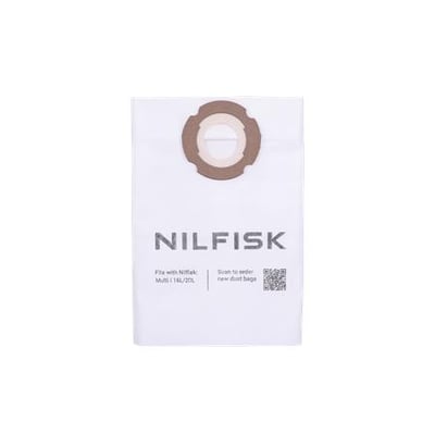 Nilfisk fleecefilterposer og vådfilter til MULTI I 16/20 og BUDDY II 18 i hvid emballage med rundt brunt tilslutningsstykke.