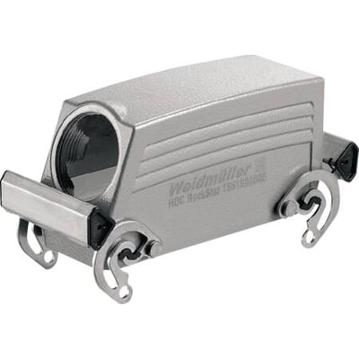 Weidmüller HDC kabelhus størrelse 8 med sidekabelindgang M21 og to bøjler, fremstillet af gråt metal.