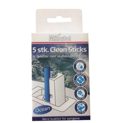 Minatol WC Stick pakke med 5 stk. Ocean duft til toiletter med skylleknapsfunktion, viser en blå stick i toilettanken.