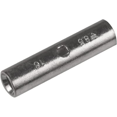 Elpress Cu-pressemuffe KST16, 16mm2, vist fra siden. Det fortinnede kobberrør har markeringerne '16' og '8,5' samt et inspektionshul.