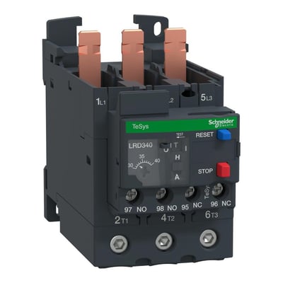 Schneider Electric TeSys D termorelæ, model LR340, viser indstillingsskala 30-40A og testfunktion i grå og hvid.