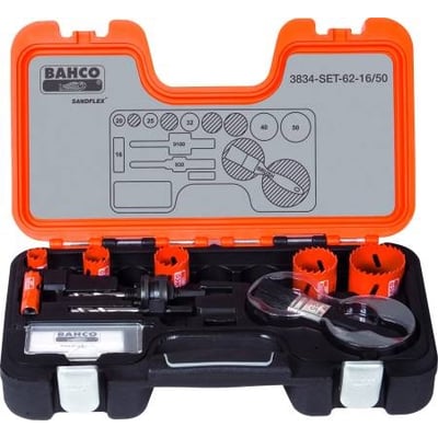 Bahco SANDFLEX hulsavesæt i åben orange og sort kuffert med hulsave og holdere til størrelser fra 16 til 50 mm.
