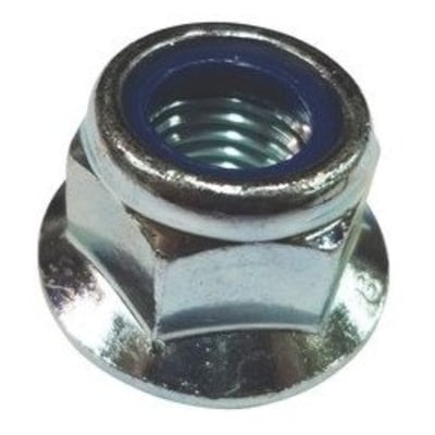 M5 FZB flangelåsemøtrik i el galvaniseret stål med blå nylon ring, DIN 6926 klasse 8 standard.