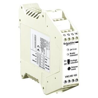 Schneider Electric LXM05 Holding Brake Controller enhed med mærkning, terminaler og statusindikatorer på cremefarvet plastikhus.