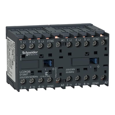 Schneider Electric reverseringskontakt LC2K06 015M7 med 9A strøm og 48VAC spænding, med tydelige markeringer for 2x3P og 1NC kontakter.