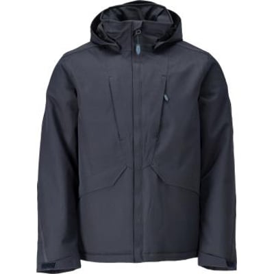Mascot vinterjakke i mørk marine, størrelse 4XL, med aftagelig hætte og flere lommer, lavet af slidstærkt og vandtæt stretch-materiale.