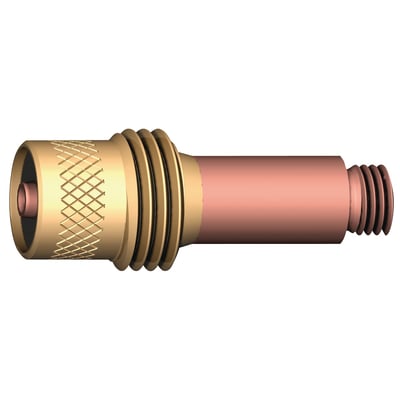 Detaljeret gengivelse af Abicor Binzel gaslinse med kobberrør, Ø2,4 mm, og gevind til montering.