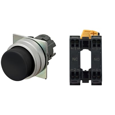 Omron A22NN Ø22 trykknap med børstet metal bezel og sort hætte, samt en separat NC/NO kontaktenhed på hvid baggrund.