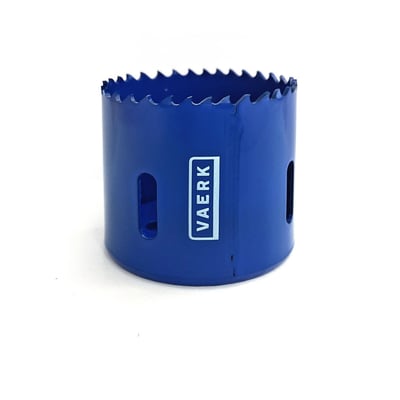 VAERK hulsav i blåt metal med en diameter på 56 mm og HSSCO 8% bi-metal konstruktion. Den har synlige tænder og et logo på siden.