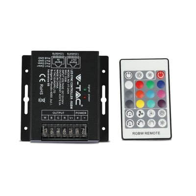 V-TAC 288W LED RGBW Sync Controller med 24-knaps RF-fjernbetjening på sort baggrund, inklusiv CE og RoHS mærkninger.