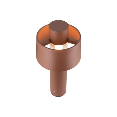 Top-view af SLV Photoni cyl 45 pullerten i rustfarve, med lyskilde monteret og E27 fatning synlig.