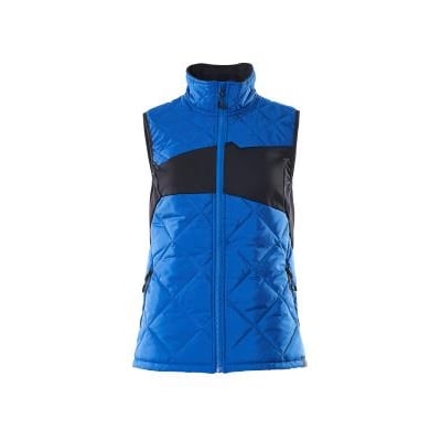 Mascot termovest til damer i azurblå og mørk marine med quiltet design og sorte paneler. Lynlås foran og opretstående krave.
