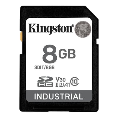 Kingston 8GB SDHC Industrial SD-kort med pSLC-teknologi, UHS-I, U3, V30 og A1 klassificering i sort.