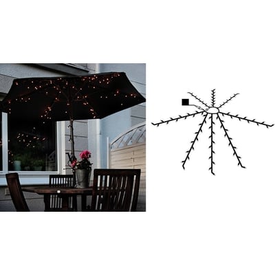 Kombineret billede der viser Veli solcelle lyskæde på en sort parasol og et diagram over lyskædens opsætning.