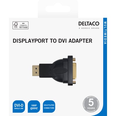 Deltaco DisplayPort til DVI-D Single Link-adapter i sort på emballage med oplysninger om produktet.