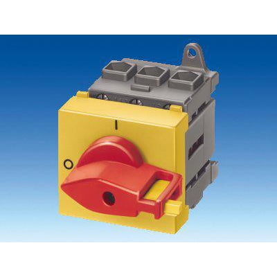 Siemens 4-polet nødafbryder, 25A, med rød/gul drejeknap og gul frontplade mod blå baggrund.