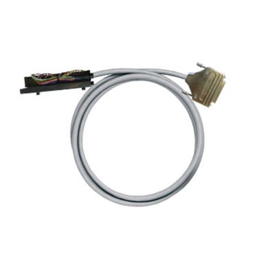Weidmüller PLC-kabel til analoge signaler med 25 poler og 1,5 meters gråt kabel, oprullet med stik i hver ende.